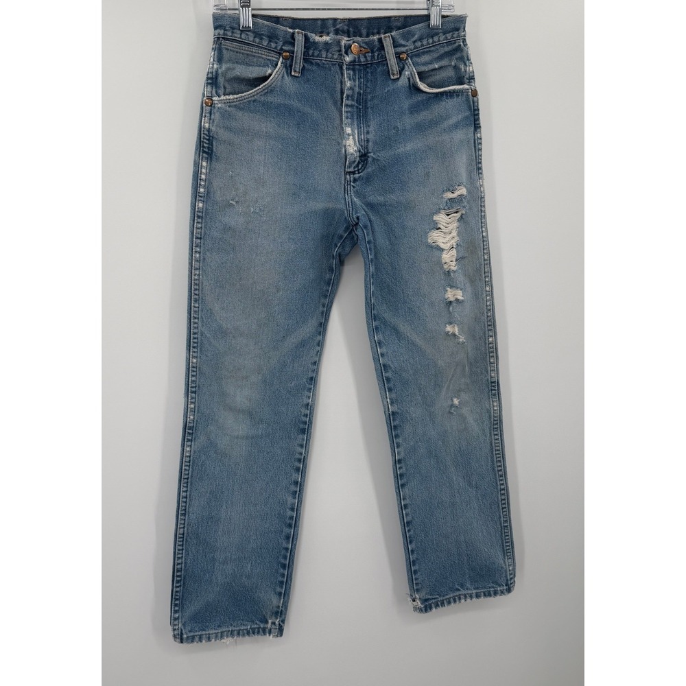 Wrangler 13MWZ Cowboy Cut Jeans Mens 31x30 Distressed Blue Straight Leg Denim